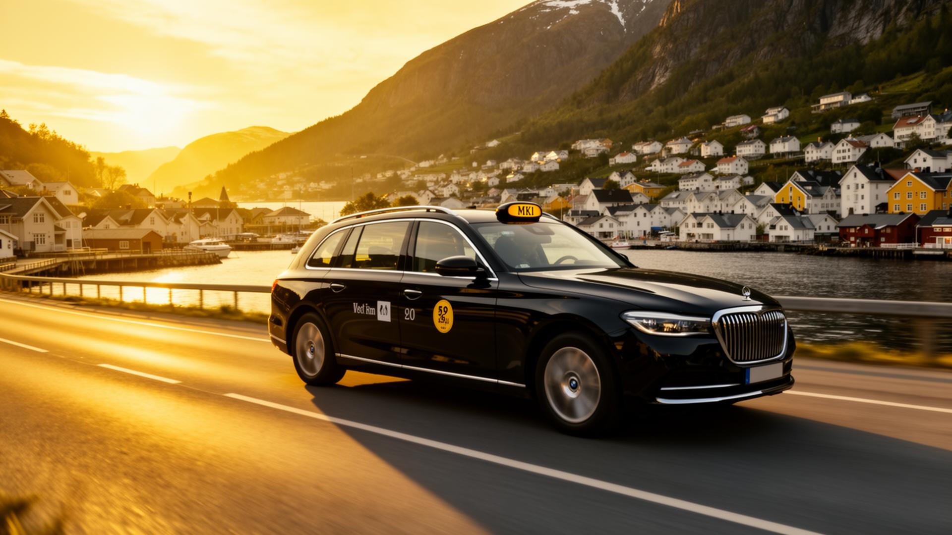 Taxi kjører langs norsk kystby
